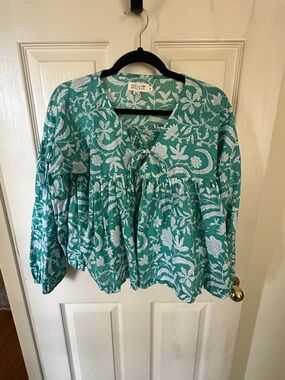Molly Bracken Teal and White Floral Peasant Tunic